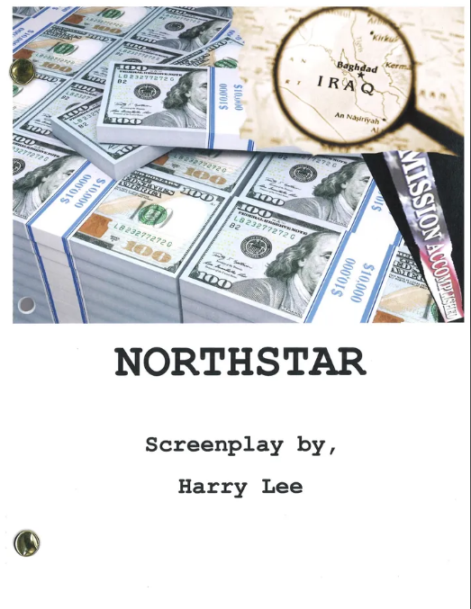 A screenplay cover with money and a magnifying glass.